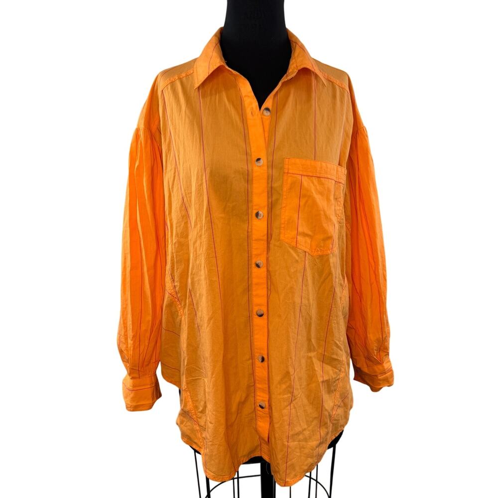 We The Free Happy Hour Orange Pink Stripe Top Oversized Button-Up Small S NEW